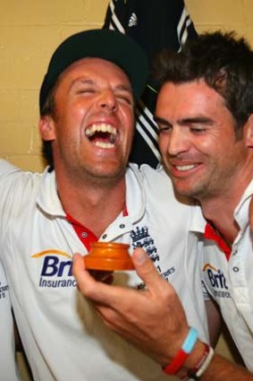 Graeme Swann and James Anderson celebrate in the dressing roomafter winning the 2011 Ashes series 3-1.
