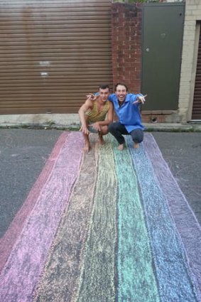 Chalk it up ... Wladi Dirksen and James Brechney with their impromptu rainbow.