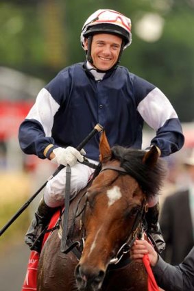 Brett Prebble on Green Moon after wining the Melbourne Cup last year.