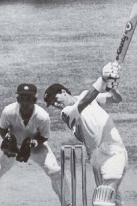 Walking down the pitch &#8230; Dean Jones steps out to lift Shivlal Yadav to the fence on the second day of the famous tied Test against India at Madras in 1986.