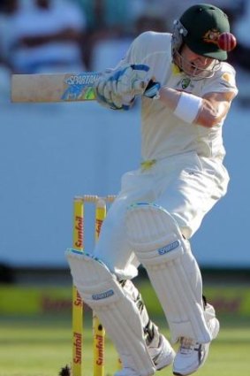 Clarke is stuck on the helmet during his unbeaten innings of 161 in the deciding Test against South Africa.