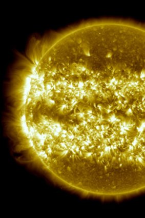 A composite of 25 separate images of the sun spanning the period of April 16, 2012, to April 15, 2013.