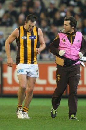 Lake is helped off by trainers during round 23.