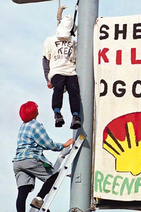 US protest ... a mock hanging in San Francisco in 1995.