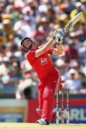 Master class: England's Jos Buttler unleashes another big hit on his way to 71 against Australia at the WACA Ground on Friday.