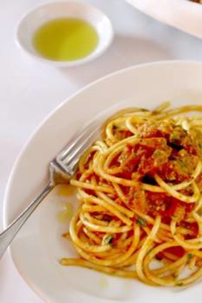 La Trattoria's go-to-dish: bucatini all'Amatriciana.