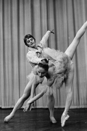 In 1970, Mikhail Baryshnikov and Alla Sizova rehearsing for a performance of 'Coppelia' at the Royal Festival Hall with the Leningrad State Kirov Ballet.