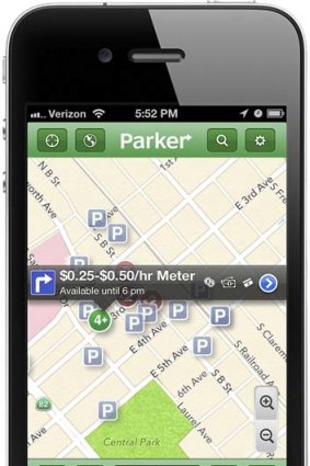 An undated handout photo of the app "Parker," which can track availability and prices of parking spots using information from street sensors.