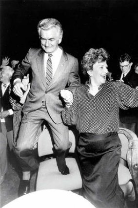 Bob Hawke celebrates his election win with Hazel in 1987.