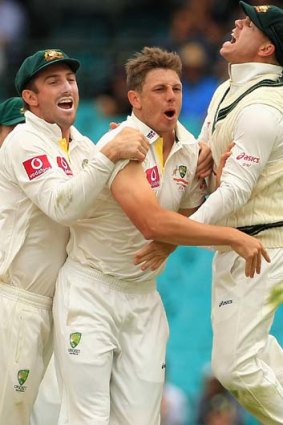 Another one gone &#8230; James Pattinson, centre, joins a long list of injured Australian pacemen.