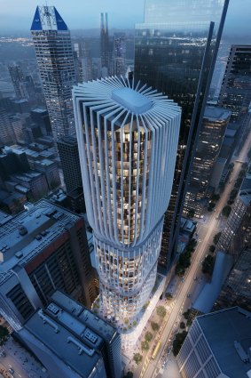 The tiered filigree "vase" design for 600 Collins Street by Zaha Hadid Architects.