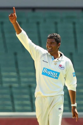 Instant impact:  NSW pace bowler Gurinder Sandhu celebrates the wicket of John Hastings of Victoria during a Sheffield Shield match in March.