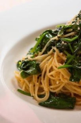 Spaghettini with baby spinach, garlic and chilli at Cicciolina.