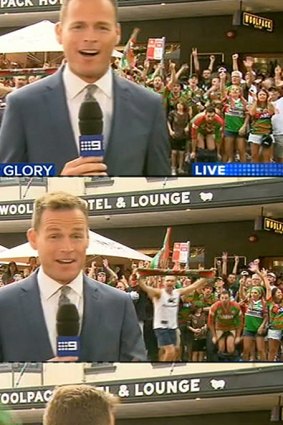 Going, going, gone: Tom Steinfort is caught out during his live cross on Channel Nine.