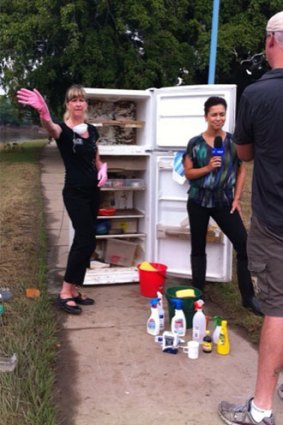 Kerri Rodley tackles a stinky fridge during a <i>Today</i> show screening.