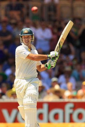 Ricky Ponting pulls for four to bring up his double century in a Test match against India in Adelaide.
