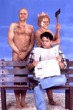 Elle McFeast and Mark Warren, left, as liz and phil, with Mikey Robbins in ABC program <i>McFeast</i>.