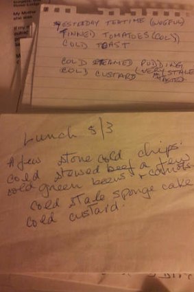 Phyllis Seaholme's notes about the food served to her at the Wonthaggi nursing home.