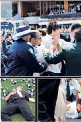Ejection at Derby Day last year (above), wrestling at Kembla Grange (right) and Cup day at Flemington (below).