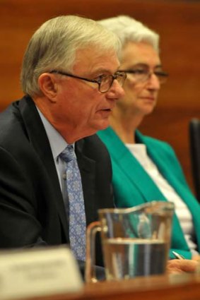 Justice Jennifer Coates (right) looks on as Justice Peter McClellan (left) speaks during the first day of the royal commission  on child sex abuse.