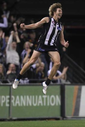 Collingwood's Dale Thomas celebrates a goal against Adelaide in round nine.