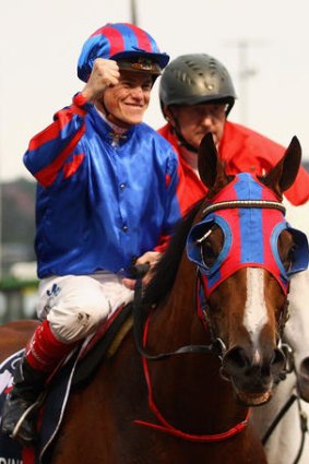 Craig Williams riding Pinker Pinker after winning the Tatts Cox Plate in 2011.