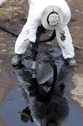 A worker uses a suction hose to remove oil from BP's Deepwater Horizon rig spill in Louisiana.