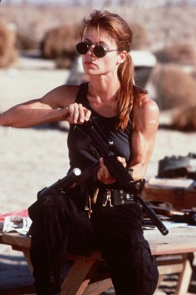 Linda Hamilton in a scene from the movie Terminator 2.