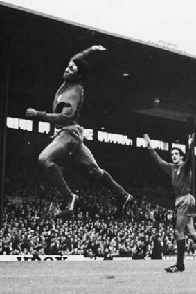 Eusebio leaps high after scoring Portugal's second goal in its World Cup match against Bulgaria in Manchester, in July 1966.
