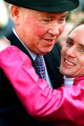 Elation: the late Jack Ingham with Shane Dye after Octagonal won the Cox Plate.