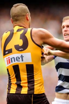 Hawthorn's Lance Franklin doesn't agree with Geelong's Joel Selwood.