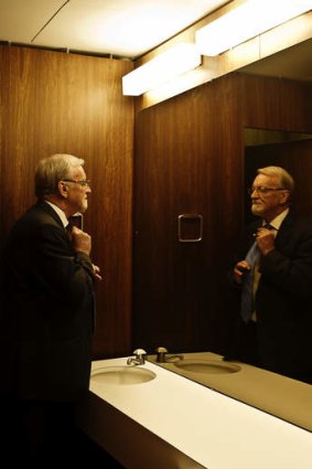 On reflection: Gareth Evans in the prime ministerial bathroom in old Parliament House, Canberra, in July this year.