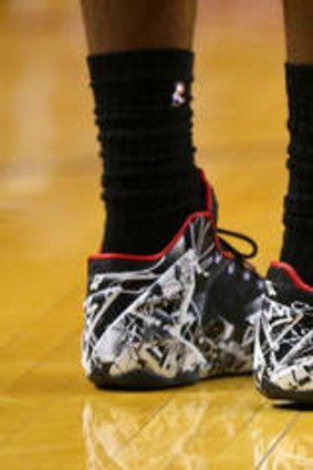 A closeup of LeBron James' sneakers used against the San Antonio Spurs.