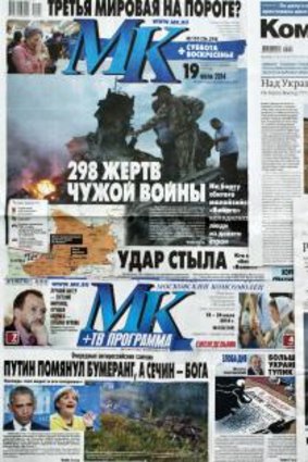 Russian front pages report on downed Malaysia Airlines Flight 17. 