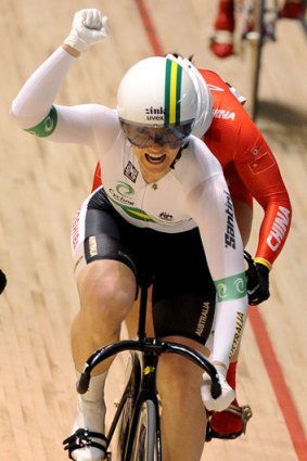 Gold at last &#8230; Anna Meares after crossing the finish line.