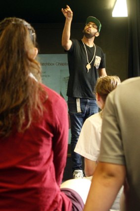 Guerilla poet: Zohab Zee Khan running the workshop with the rhythm and physicality of a rapper.