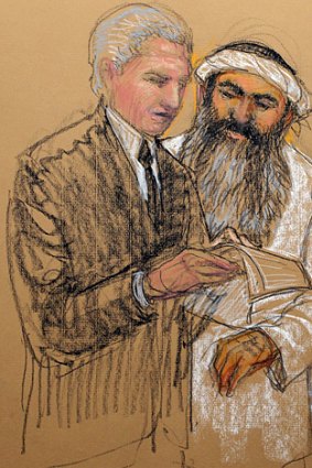 Khalid Sheikh Mohammed with his lawyer, David Nevin.