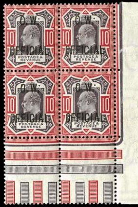 Bottom right hand corner marginal block of four 1903 10d Dull purple & carmine (O.W. Official). The only surviving mint block of four in private hands.