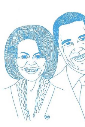 Portrait of Michelle and Barack Obama.