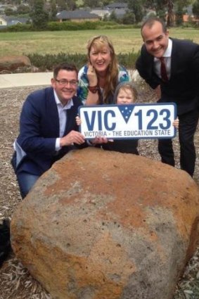 Opposition Leader Daniel Andrews reveals Labor's new licence plate slogan.