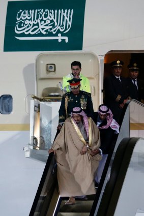 Saudi Arabia's King Salman gets stuck on his golden escalator at Vnukovo Airport, outside Moscow, Russia.