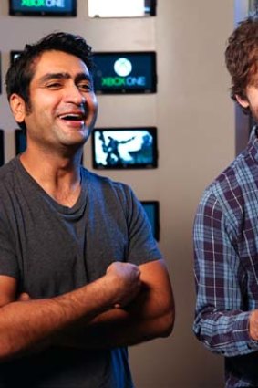 Kumail Nanjiani, left, and Thomas Middleditch of the new HBO sitcom <em>Silicon Valley</em>.
