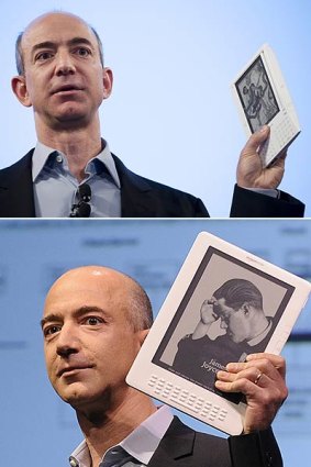 Amazon founder and CEO Jeff Bezos at the launch of the original Kindle in November 2007 (above) and unveiling the Kindle DX (below) in May 2009.