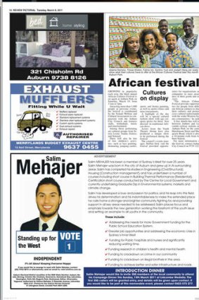 Making a case: Salim Mehajer is featured in advertisements in the <i>Auburn Review.</i>