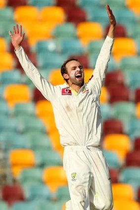 Reason to rejoice: Nathan Lyon celebrates after trapping Jacques Rudolph lbw on the final day of the first Test.