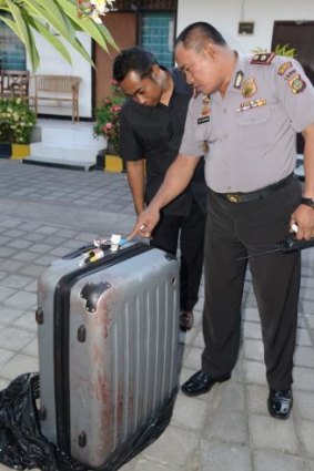 The suitcase displayed at a police station in Nusa Dua, Bali.