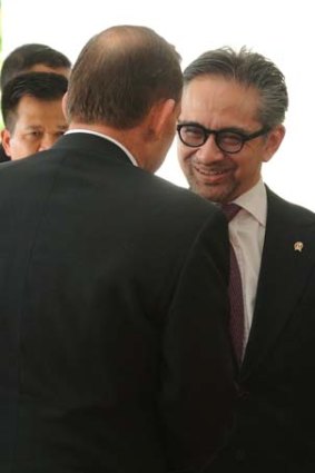 "Both governments should not phone-tap each other": Foreign Minister Marty Natalegawa greets Tony Abbott.