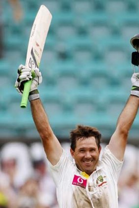 Ponting celebrates after reaching a century during the second Test against India in January 2012.