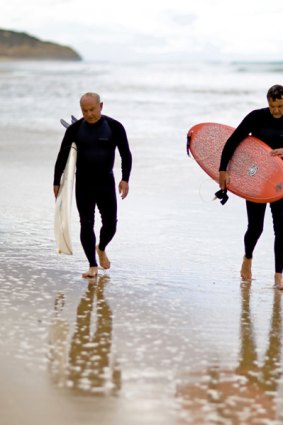 Yvon Chouinard, left, founder of  Patagonia, and Wayne Lynch, after a surf on Victoria's west coast.