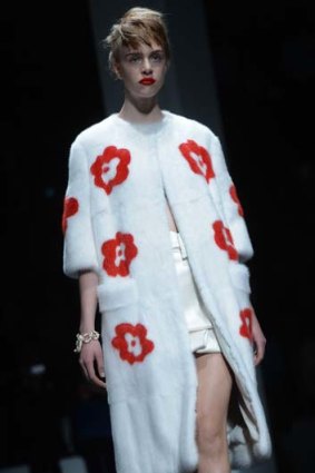 Trending ... Japanese-inspired floral creations by Prada were a runway hit.